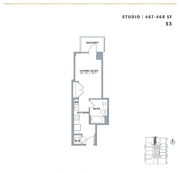 Floor plan for studio, 1 bath, 468 sqft